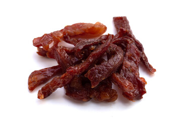 Fried dried beef on white background.