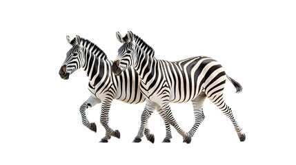 Fototapeta na wymiar two Zebras running together, side view in a Wildlife-themed, photorealistic illustration in a PNG, cutout, and isolated. Generative AI