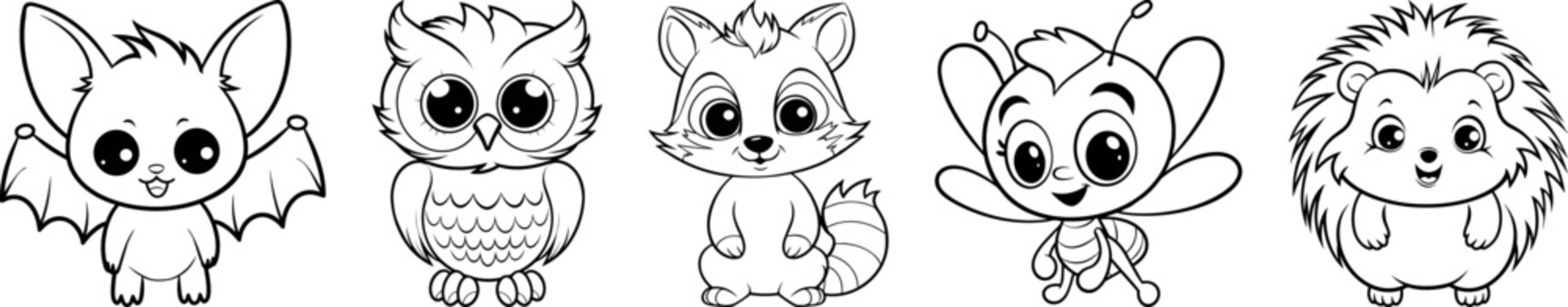 Nocturnal animals friendly cartoon characters collection. Bat, owl, raccoon, firefly and hedgehog animal friends. Black outline coloring book vector illustrations.
