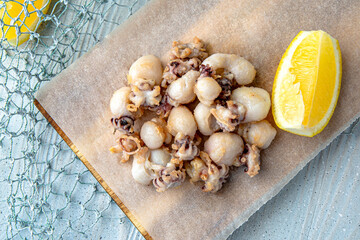 Fried baby octopus on a blue background. Mediterranean Kitchen. Sea mood menu.