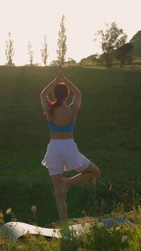 Vertical Video, Young Athletic Woman Meditating on the Top of the Mountain, Zen Yoga Meditation in Nature. Beautiful Slim Girl is Doing Spiritual Yoga Outdoors. Slow Motion.