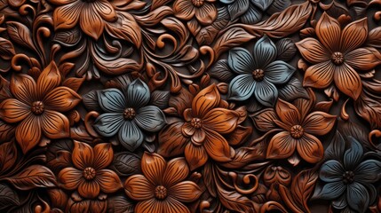 an ornamental Abstract Tooled leather, Horizontal background, Floral designs, and engraved in leather. flow design texture. Abtract-themed, photorealistic illustrations in JPG. Generative ai
