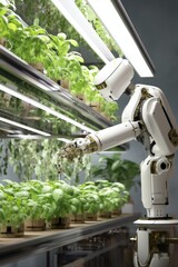 Robotic arm farmer on white room with plants arranged on shelves. Generative AI