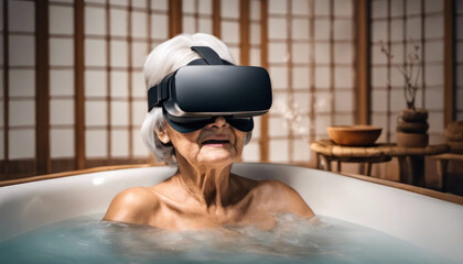 Elderly asian lady with vr headset while bathing with copy space