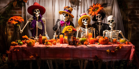 Fototapeta na wymiar illustration of skeletons which sitting at festive table and celebrating Halloween. Halloween party