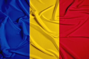 Romania official national flag of silk fabric texture