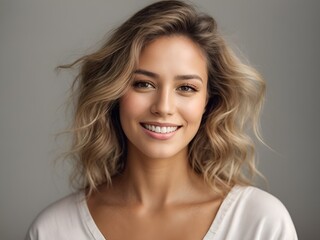 Naklejka premium A captivating portrait capturing the radiant beauty of a young woman who looks directly into the camera with a genuine and happy expression.