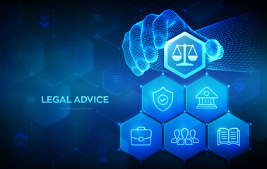 Labor law, Lawyer, Attorney at law, Legal advice concept. Internet law services and cyberlaw. Wireframe hand places an element into a composition visualizing online lawyer advice. Vector illustration.