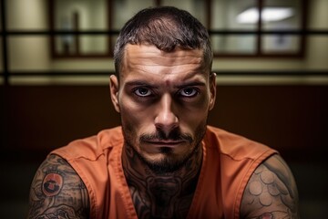 Obraz premium Portrait of the defendant with tattoos in court. The concept of justice.