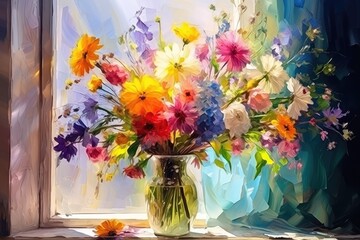 Colorful Bunch of Field Flowers in Glass Vase