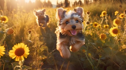 Yorkie Puppies running in a field of flowers - obrazy, fototapety, plakaty