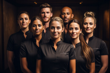 Advertising portrait shot of a spa staff team standing together in a spa and they look at the camera. Generative Ai