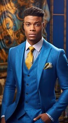 Stylish African-American in a strict, blue, luxurious suit.