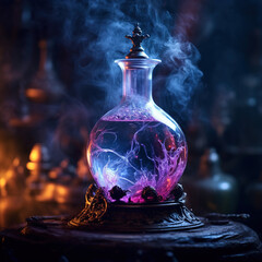 Mystic glass bottle, purple elixir Ancient magic genie bottle.Spell potion jar on a dark pedestal, ethereal smoke swirling around. Eternal youth, poison