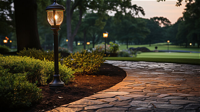 stone tile walkway lit by garden ground lights on park with floewrbed and bushes at evening forest park, created with Generative AI Technology.