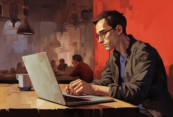 Young man working on a laptop in a coffee shop