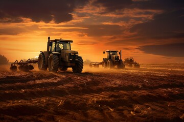 Agricultural workers with tractors. Ploughing a field with tractor at sunset | Generative AI