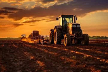 Foto op Plexiglas Agricultural workers with tractors. Ploughing a field with tractor at sunset   Generative AI © Kay