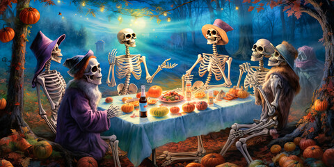 illustration of skeletons which sitting at festive table and celebrating Halloween. Halloween party. 