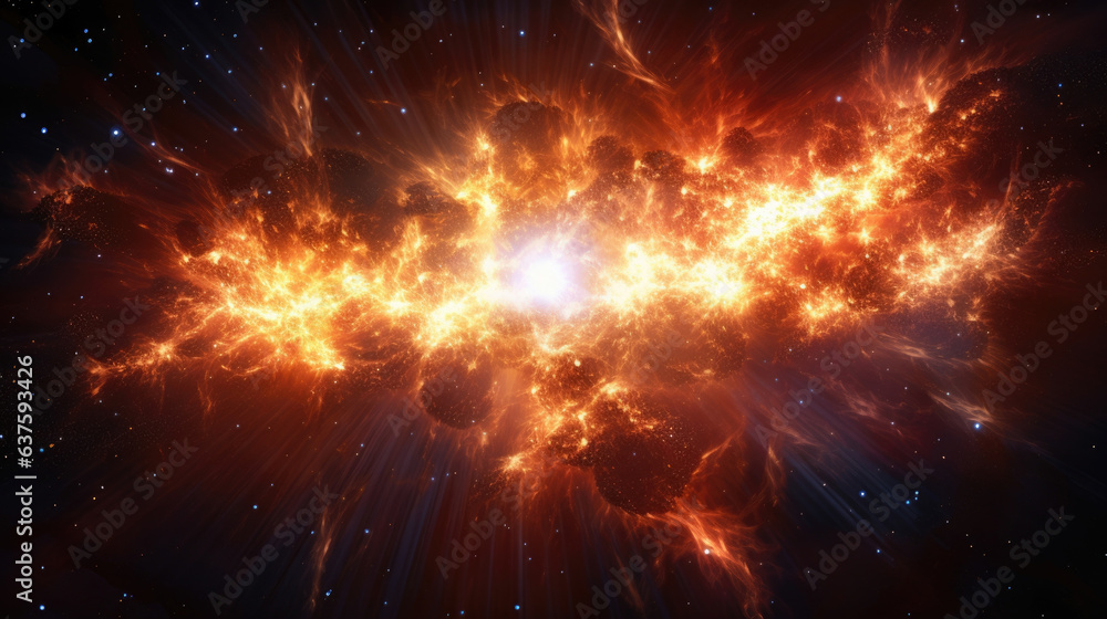 Poster glowing tongues of flames and intense bluewhite flashes of plasma are shooting up into the night sky