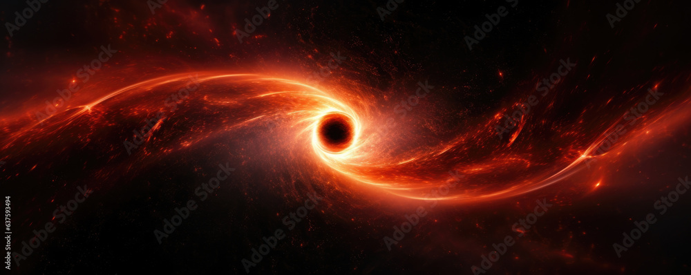Poster a massive disk of swirling glowing particles surrounds a distant star its center a deep orangered an
