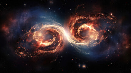 A pair of galaxies spinning ever faster like two chaotic circles in a mesmerizing dance of gathering energy eventually throwing off their excess energy in a panoramic outwardly expanding wave