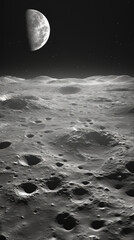 A stunning vista of small mountains nestled in a crater on the Moon. Numerous craters surround the mountains creating a patchwork of light and shadow across the terrain.