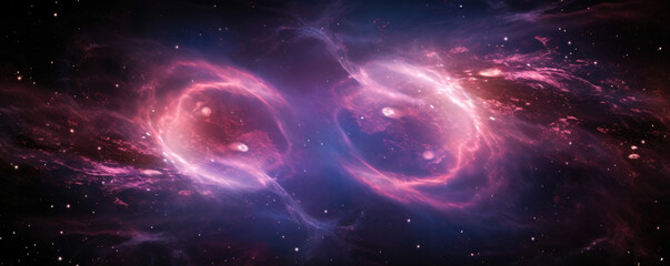 Two distant galaxies appear in the distance separated by an expansive void of swirling cosmic radiation that originates from the cosmic microwave background. The purple and pink hues of the background