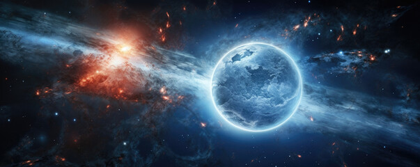 Obraz premium Two bright vivid jets of hot gas and matter shooting through a distant starstudded cosmic landscape. Spheres of blue and white clouds spiral around the jets as they reach higher and higher into the