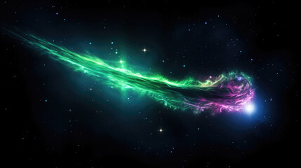 A celestial phenomenon is on display in the night sky. A glowing green comet shoots across it its tail trailing in its wake. The tail is thick and luminous like an illuminated gas stream