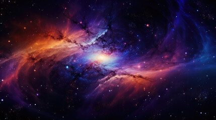 The deep purple hues of the night sky fading to orange engulfing a spiralling galaxy held strong in the grip of cosmic radiation illuminated by an eyecatching blue light coming from a device scanning