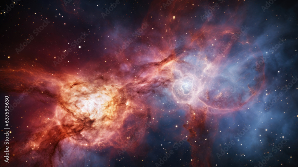 Poster a spectacular sight of two massive galaxies in the process of colliding with one another. glowing st