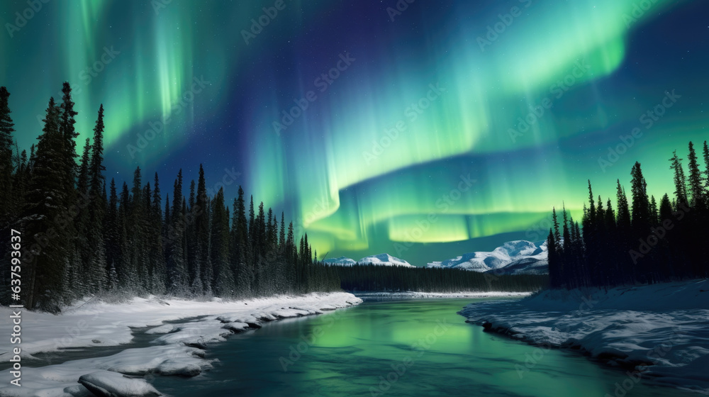 Poster a captivating view of the aurora borealis displays shimmering rays of light in shades of pristine bl