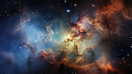Obraz premium A vivid display of cosmic collision is revealed in this image. The swirling clouds of gas and dust encase a brilliant source of light at the center with a blend of oranges yellows and blues radiating