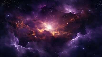 A striking and breathtaking  a dark purple nebula lit up by a bright yellow star. The richly hued clouds in the background contrast with the black vastness of space giving the landscape