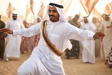 Traditional Emirati male dance Al Ayalah at Al Hosn festival. Emirates - obrazy, fototapety, plakaty