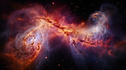 Fototapeta na wymiar A breathtaking view of two colliding galaxies merging in the depths of space. The smaller galaxy on the left is aglow with pink and blue hues while the larger one on the right is swathed with patches