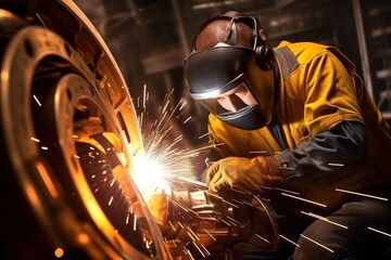 A male welder makes welding of metal parts.