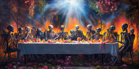 illustration of skeletons which sitting at festive table and celebrating Halloween. Halloween party. 