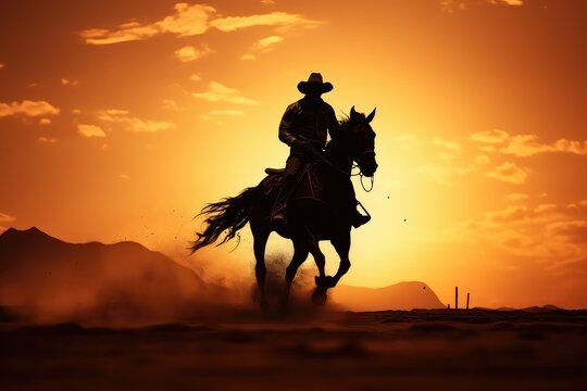 Cowboy riding a horse into a sunset silhouette