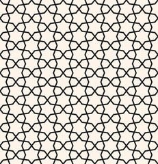 Abstract geometric seamless pattern in traditional Islamic style. Black and white ornament with thin lines, oriental mosaic, floral grid. Monochrome ornamental background. Modern geo design for decor