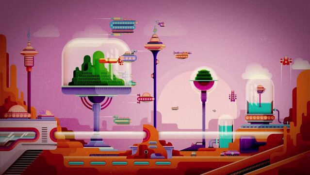 Animated Mars scenery in retro style with human settlement, flying vehicles and infrastructure. 