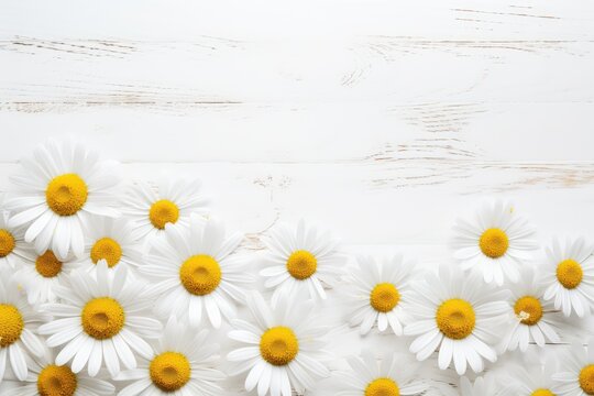 Daisy flowers on white wooden background summer chamomile