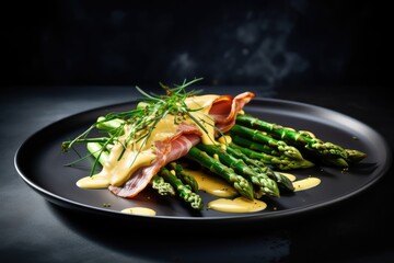 Delicious asparagus dish with ham and hollandaise sauce - obrazy, fototapety, plakaty