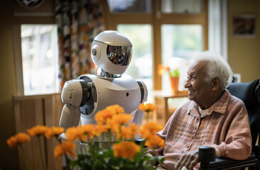 A man sitting in a wheelchair with his robot assistant beside him