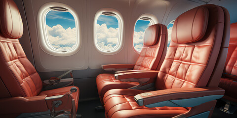 Fototapeta Empty Premium comfort First class red seats, luxury armchairs in plane for travel. obraz
