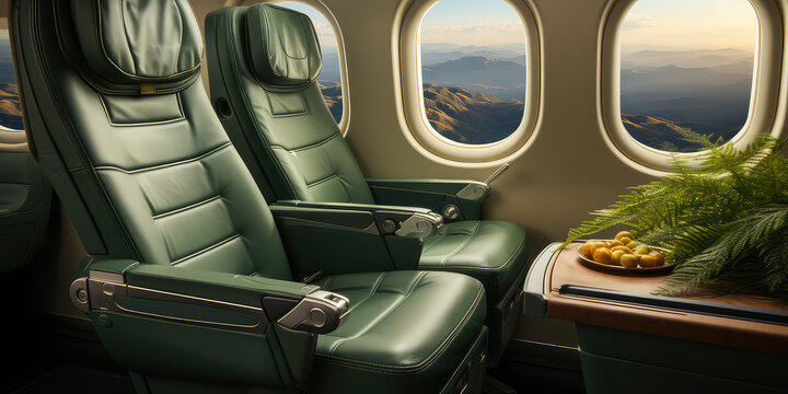 Empty Premium comfort First class green seats, luxury armchairs in plane for travel.