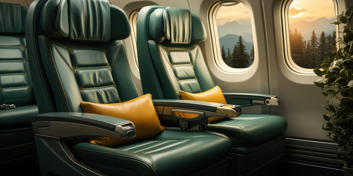 Empty Premium comfort First class green seats, luxury armchairs in plane for travel.
