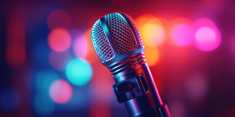 Fototapeta na wymiar Microphone, close up shot, neon blue color palette. Microphone on blurred club background with copy space. Banner template for karaoke club. 