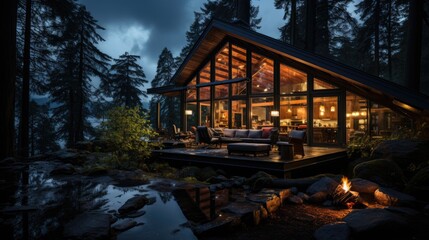 Fototapeta premium A house with lights in a deserted forest